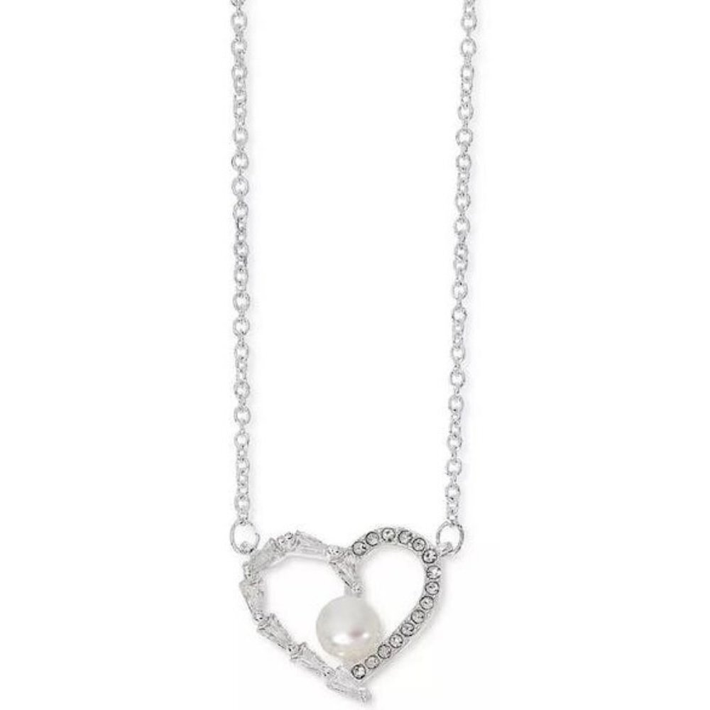 Rh Macy Cubic Zirconia and Imitation Pearl Heart Pendant Necklace